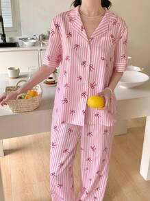 SHEIN Teen Girl Cute & Comfy Bow Stripe Collar Button Short Sleeve Loose Woven Pajama Set, 2Pcs - Pink - View 5