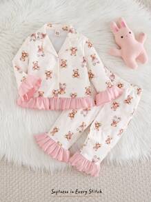 Cozy Pixies 女婴拼色芭蕾主题荷叶边领长袖开衫和裤子 2 件套