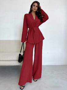 Firerie Women Elegant Casual Vacation To Office Shacket With Waist Tie And High Waisted Loose Pants, Suitable For Autumn, Summer,Business Casual Woman - Burgundy - View 6