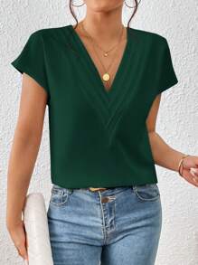 SHEIN Privé Summer Casual Solid Color Short Sleeve Shirt - Dark Green - View 1