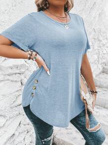 SHEIN Clasi Plus Size Women's Solid Color Round Neck Short Sleeve Side Button Casual T-Shirt - Baby Blue - View 6