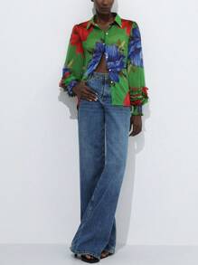 Aveloria Modichic Chiffon Contrast Color Floral Print Layered Flounce Cuff Long Sleeve Blouse Button Up Shirt Women 