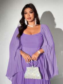 Viva Relle 大码女式优雅浪漫褶皱雪纺长袖连衣裙 - 淡紫色 - 查看 4