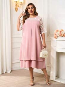 SHEIN Clasi Vestido de mujer de talla grande elegante con bordado, patchwork y bloque de color sin mangas, para uso romántico y casual, vestidos de primavera/verano para mujeres, vestido de verano, vestido rosa, vestidos de talla grande, vestidos para mujer, vestido elegante rosa para mujer, vestido fluido, vestidos para fiesta de mujer, vestidos midi para mujer, vestidos de talla grande para mujer, vestidos de verano para mujer, vestidos modestos para mujer, vestido de encaje