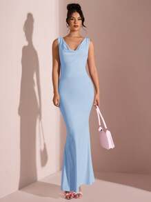 SHEIN BAE Women's Solid Color Plunging Draped Neck Backless Tie Strap Slit Bodycon Dress, Suitable For Graduation, Valentine's Day, Birthday Party, Bridesmaid, Spring/Summer