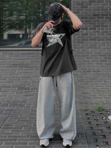 DAZY Men's Geometric Pattern And Letter Print Dark Grey T-Shirt, Summer,Graphic Tees - Dark Grey - View 3