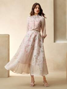 Anewsta 春夏优雅宫廷派对约会粉色碎花长袖衬衫和半裙两件套，节日春季度假女装 - 粉色 - 查看 3