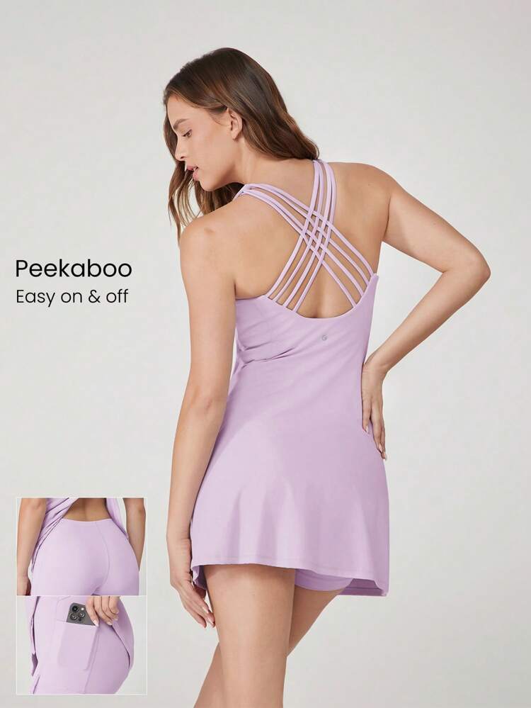 FeatherFit™-Air 게임 데이 흡한속건 피크부 스트랩 백 하트 넥라인 액티브 드레스, 내장 반바지, 사이드 포켓, 논슬립 그립, 로우 임팩트 테니스 골프 피클볼 일상 착용용, 탈착식 컵