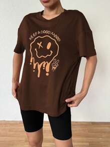 Zolique Oversized Loose Fit Simple Dropped Shoulder Smiling Face T-Shirt, Casual & Stylish