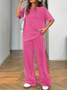 SHEIN EZwear Plus Size Vintage Look Pink Printed Loose T-Shirt + Pants Cotton 2 Pieces Set, Spring & Summer - Hot Pink - View 1