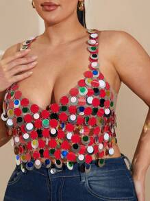 SHEIN BAE Plus Size Women's Party Crop Top, Woven Fabric, Spaghetti Strap, Contrast Sequin, Red Color - Red - View 1