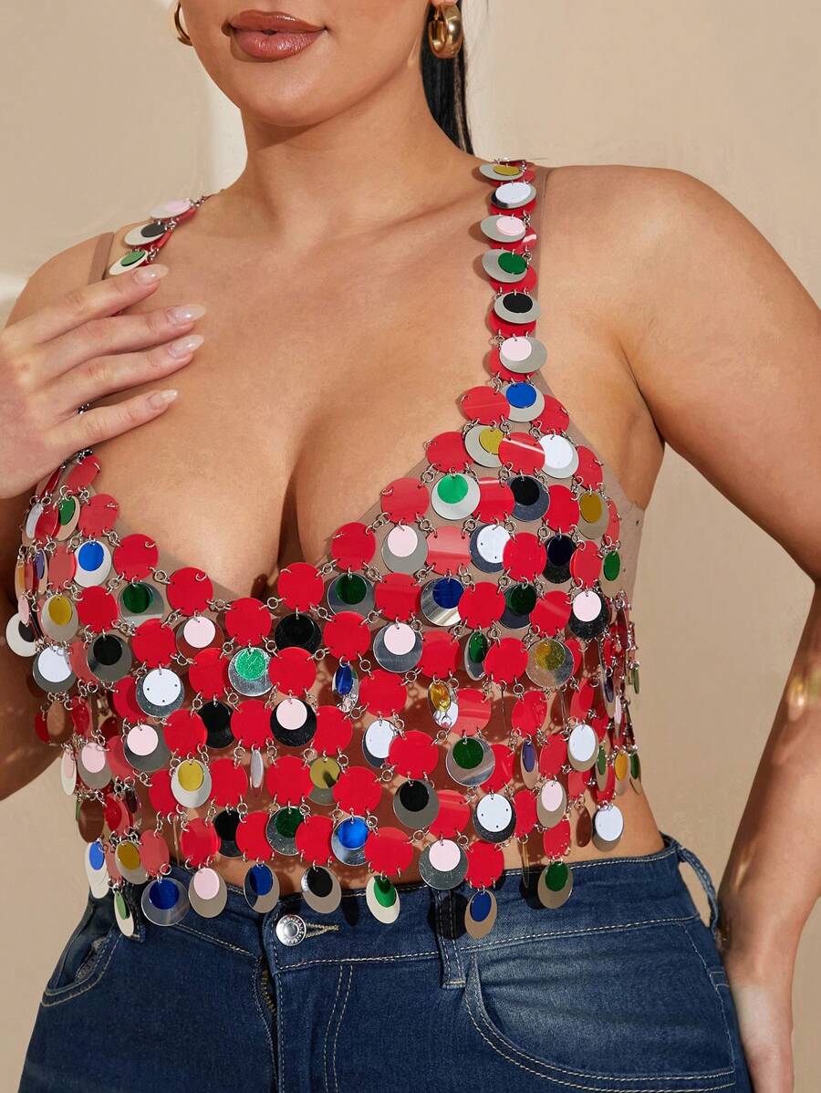 SHEIN BAE Plus Size Women's Party Crop Top, Woven Fabric, Spaghetti Strap, Contrast Sequin, Red Color - Red - View 1