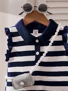 SHEIN Playful Pals Baby Girls' Casual Cute Ruffle Sleeve Striped Knit Dress, Summer Korean Style - Royal Blue - View 5