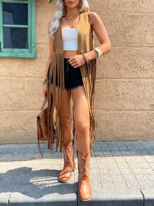 Breezaya Plus Size Sleeveless Long Fringe Music Festival Coat, Atmospheric