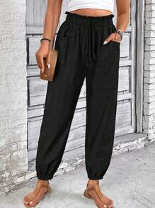 SHEIN LUNE Plus Size Women Linen Blend Drawstring Waist Casual Pants Fall Cloth For Women - Black - View 5