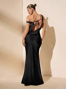SHEIN BAE Spring/Summer Sexy Minimalist Solid Yellow Satin Asymmetric One Shoulder Hollow Back Tied Backless Dress, Suitable For Party, Cocktail Party, Wedding, Bridesmaid Dress, Birthday Occasion - Black - View 2
