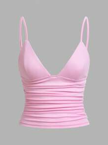 SHEIN EZwear 女士休闲露背褶饰短款吊带背心，适合夏季穿着 - 粉色 - 查看 1