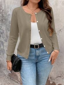 SHEIN LUNE Cárdigan de talla grande de un solo color, versátil y casual - Camel - Ver 1