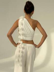 Aloruh Women's Solid Color 3D Floral Decor Sleeveless Pleated Blouse - White - View 7