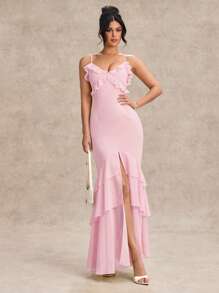 SHEIN BAE Women's Spring And Summer Solid Color Suspender V-Neck Ruffle Front Slit Chiffon Holiday Elegant Backless Dress Suitable For Wedding Bridesmaid Dress Prom Dress - Baby Pink - View 1