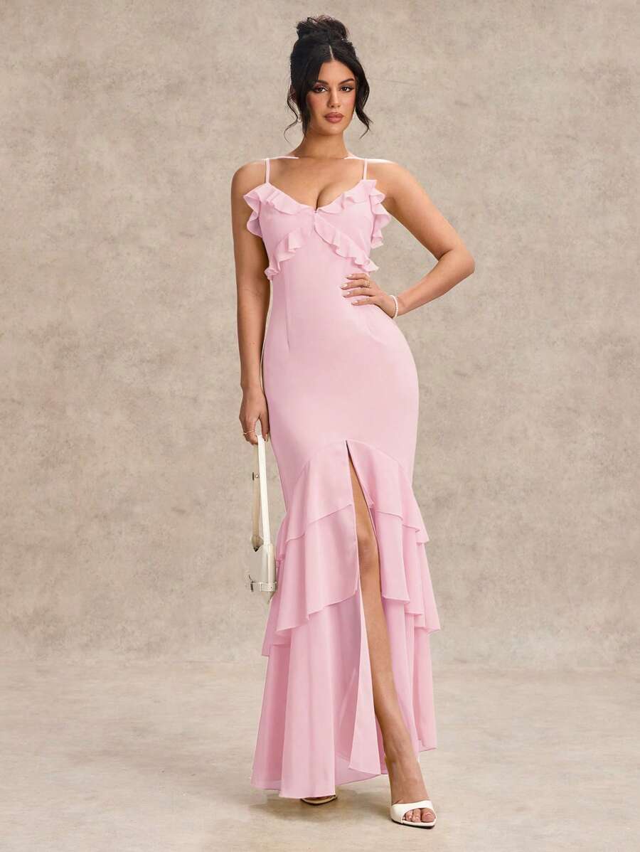 SHEIN BAE Women's Spring And Summer Solid Color Suspender V-Neck Ruffle Front Slit Chiffon Holiday Elegant Backless Dress Suitable For Wedding Bridesmaid Dress Prom Dress - Baby Pink - View 1