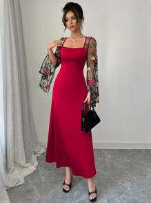 Elenzga Đầm midi dài thanh lịch thêu hoa lưới chắp vá cho nữ - Đỏ - Xem 3