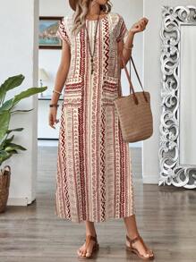 EMERY ROSE Women's Vacation Geometric Print Round Neck Batwing Short Sleeve Dress