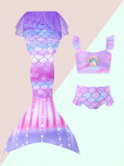 3pcs/Set Little Girls Mermaid Theme Swimwear - Scaly Pattern Bikini Top, Mermaid Tail Bottom & Shell Decor