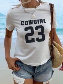 Muchica 休闲圆领短袖字母和数字印花修身女式 T 恤，适合夏季，波西米亚风格 - 白色 - 查看 3