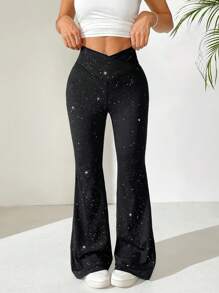 SHEIN Teen Girls Fashionable Cross-Waist Sparkling Flare Pants - Black - View 5