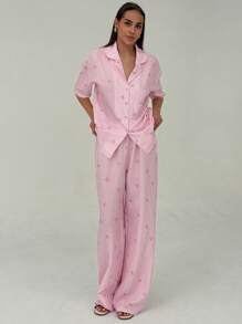 Aloruh Elegant Cute Striped Bow Print Simple Commuting & Home Office Versatile Shirt And Straight Leg Pants Set,Summer Sets - Pink - View 5