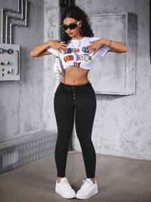 Women's Button Front Pocket Design Skinny Casual Versatile Denim Jeans - Multicolor - View 4