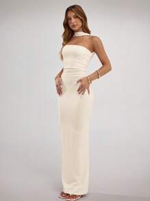 SHEIN BAE 女士优雅纯色露背吊带连衣裙，修身版型 - 杏色 - 查看 4