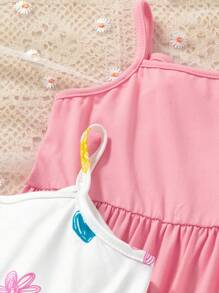 SHEIN Genkimix Kids 3 件套女童无袖连衣裙套装，弹力豹纹条纹休闲度假派对连衣裙，弹力吊带背心，色块，豹纹，花卉印花，适合夏季 - 彩色 - 查看 4