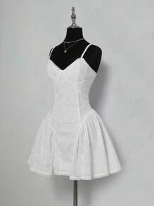 SHEIN ICON Spring And Summer White Flowy Beach Tea Party Going Out Sundress Short Elegant Solid Color Hollow Embroidered Slip Tea Party Mini Dress Easter Dress Women - White - View 3