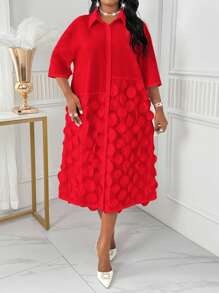 SHEIN Lady Plus Size Solid Color Long Sleeve Casual Dress, Suitable For Summer - Red - View 5
