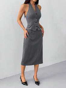 SHEIN EZwear 女士休闲办公装纯色前扣锁眼吊带上衣和裙子 2 件套 - 灰色 - 查看 4