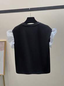 SHEIN Teen Girls Bowknot Cap Sleeve Cute Casual Holiday T-Shirt, Contrast Color Loose Tee - Black and White - View 2