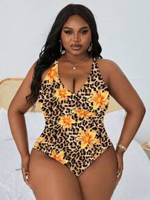 Slaydiva 大码豹纹印花和花卉吊带连体泳衣，夏季 - 彩色 - 查看 4