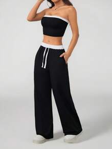 SHEIN PETITE Conjunto de dos piezas para mujer de verano: top tubo sexy de bloques de color + pantalones de cintura alta con cordones
