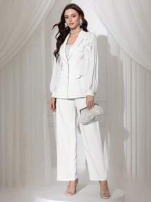 Modelyn 2pcs Women Set: Chiffon Pleated Bow Suit Jacket + Long Pants, Spring/Summer - White - View 5