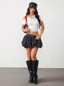 Coolane Blusa blanca de punto ajustada con cuello asimétrico, estilo lindo Y2K, para mujer
