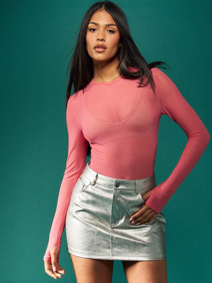 MISSGUIDED Long Sleeve Thumbhole Mesh Top Gym Workout Exercise Yoga Athletic Running Dance Performance Stretch Layering Top Active - Watermelon Pink - View 1