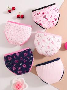 5 Pack Girls' Heart & Bow Print Cotton Briefs, Cute Assorted Colors,Summer,Travel