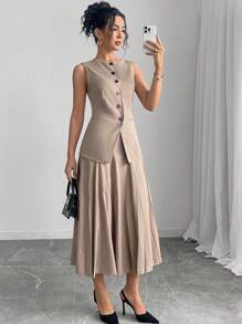 Modelyn Conjunto de 2 piezas para mujer compuesto por una chaqueta de cuello redondo sin mangas de unicolor y una falda plisada midi