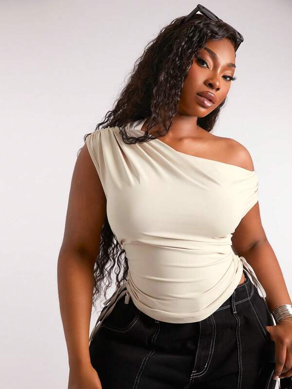 SHEIN SXY Plus Size Women's Spring/Summer Stylish Casual Sexy Open Shoulder Ruched Waist Cropped T-Shirt, Suitable For Everyday Wear, Western Wear, Cruise Attire, Music Festival, Concert, Carnival Party, Beach Vacation, Date Night, Birthday, Bachelorette Party, Club, Cute, Casual, Shopping, Streetwear, Going Out, Easy To Match & Looks Slim, Accentuates Your Body, Flatters The Figure