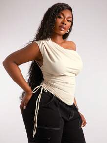SHEIN SXY Plus Size Women's Spring/Summer Stylish Casual Sexy Open Shoulder Ruched Waist Cropped T-Shirt, Suitable For Everyday Wear, Western Wear, Cruise Attire, Music Festival, Concert, Carnival Party, Beach Vacation, Date Night, Birthday, Bachelorette Party, Club, Cute, Casual, Shopping, Streetwear, Going Out, Easy To Match & Looks Slim, Accentuates Your Body, Flatters The Figure Cleopatra