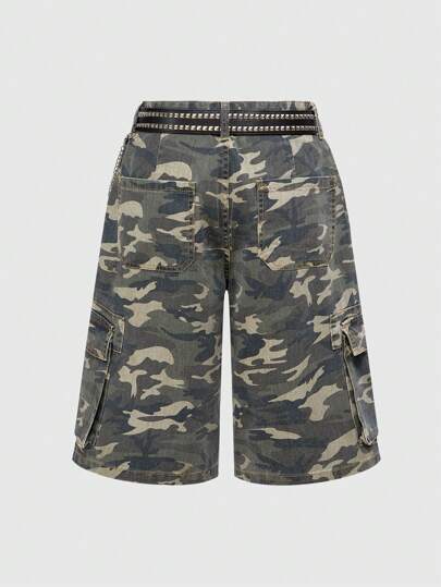 Grunge Punk American Retro Military Camo Stylish Straight Wide Leg Women Denim Capri Pants With Belt + Racoon Charm
