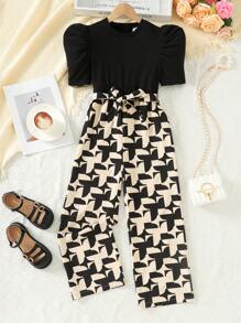 SHEIN Leap Crew Tween Girl Elegant Solid & Floral Print Patchwork Short Sleeve Wide Leg Jumpsuit - Khaki - View 1