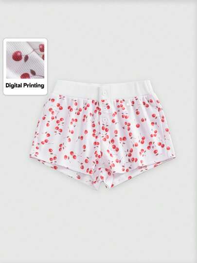 Kawaii Shorts bianchi sexy, caratteristiche da patchwork, con stampa a ciliegie, a vita bassa, super corti e aderenti